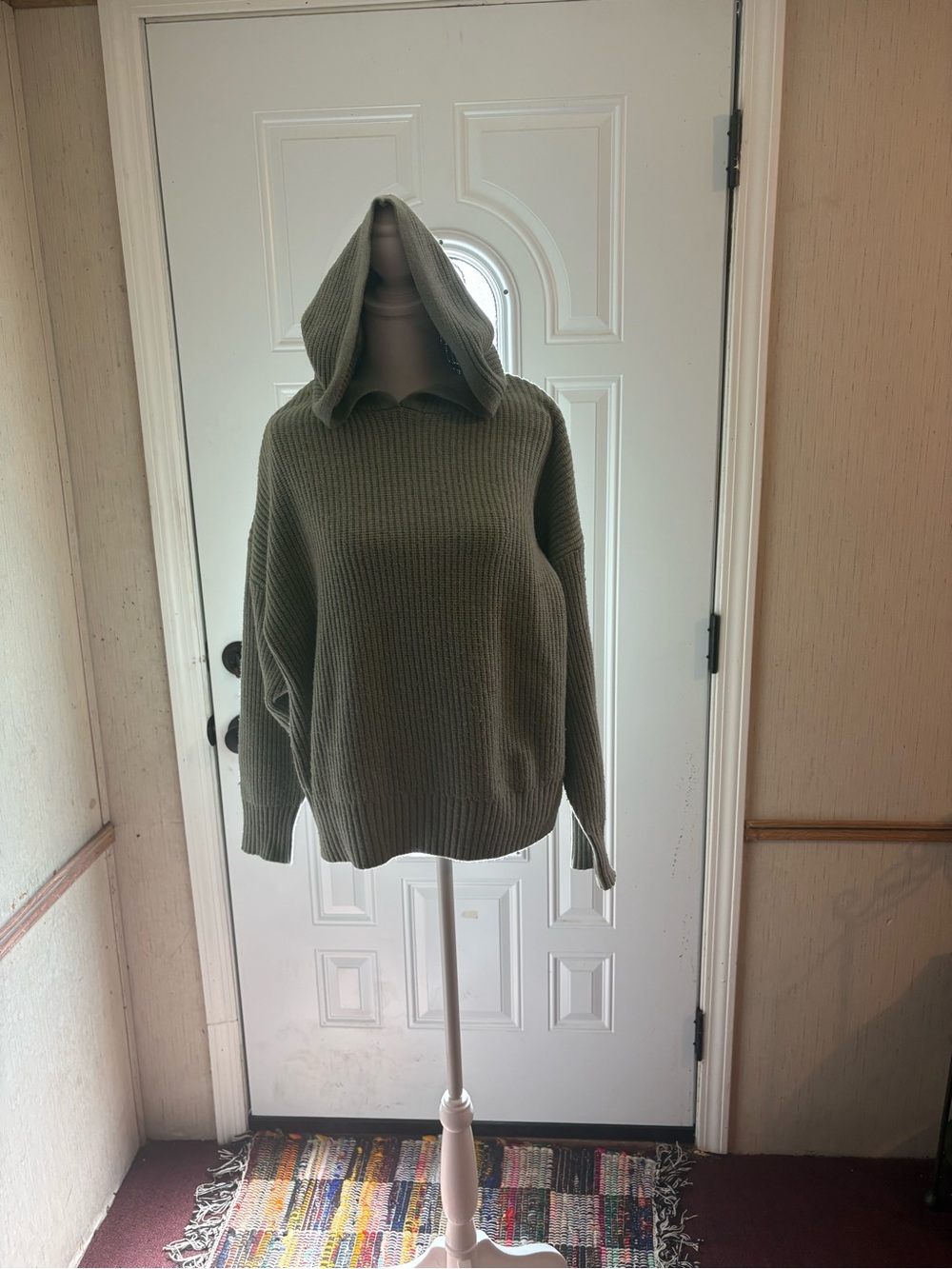 Women’s Hoodie Rib-Knit Sweater in Olive Green
